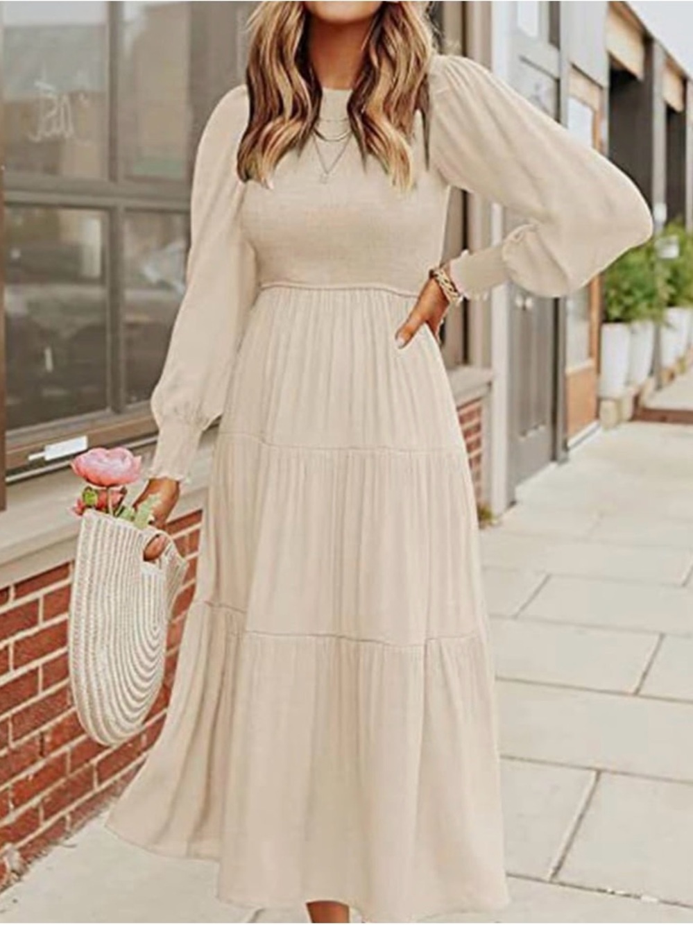 ZESICA Casual Long Sleeve Crew Neck Midi Dress - Cream Sz S Women